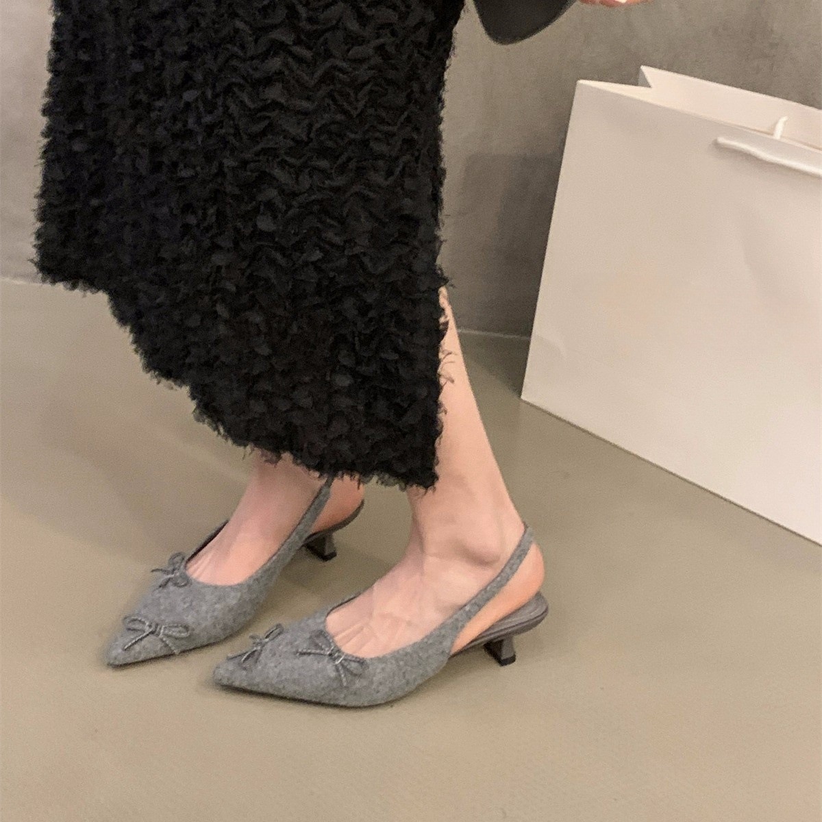 Women Sandals High Heel Suede Pointed Toe Bow Design Versatile Triple Black Apricot Grey Pink Free shipping
