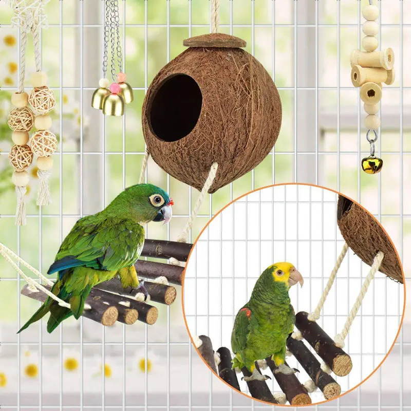 Bird Toy Set Coconut Bird Nest Vine Ball Station Bird Supplies Kits Parrot Bite Toys 6-piece Set 250121