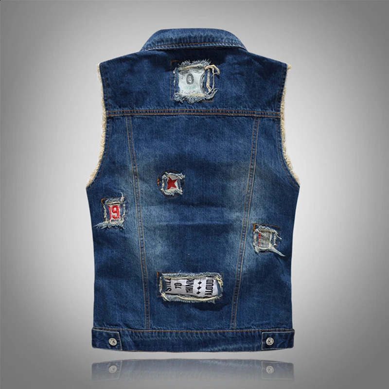 Spring Summer Mens Denim Vest Fashion Male Hip Hop Patch Hole Waistcoats Male Night Club Party Jeans Sleeveless Jacket Clothing 250206