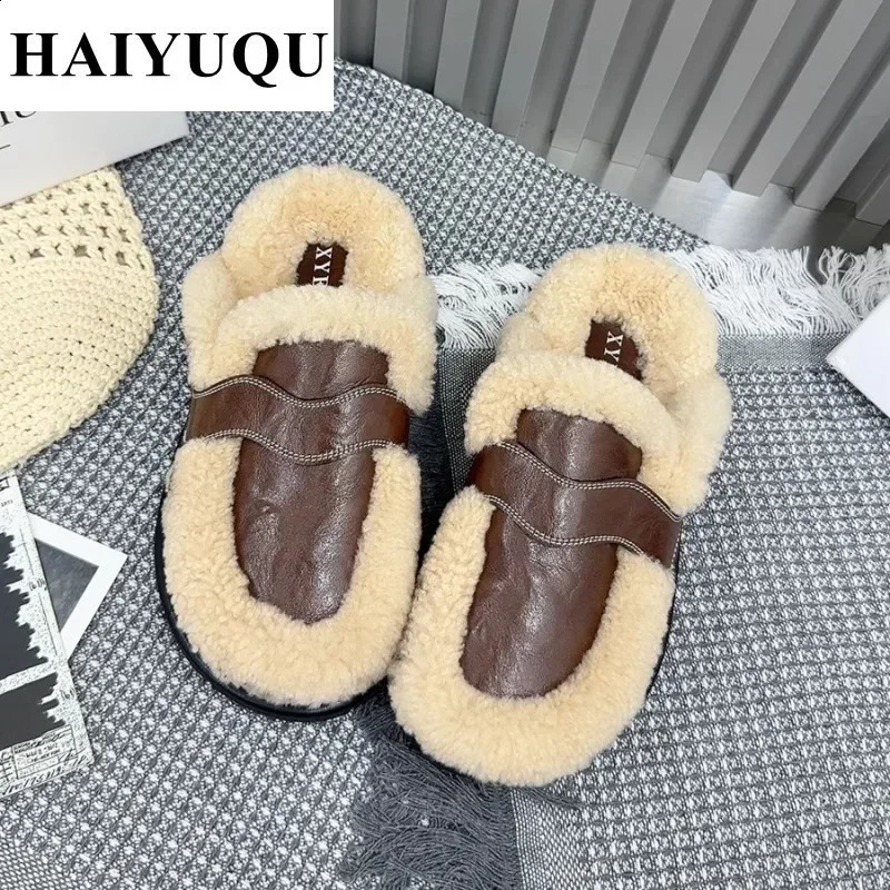 Flats Platform Cotton Slippers Women Fur Mules Shoes Winter Plush Warm Slides 2025 Trend Casual Snow Boots Soft Leather Cozy 250120