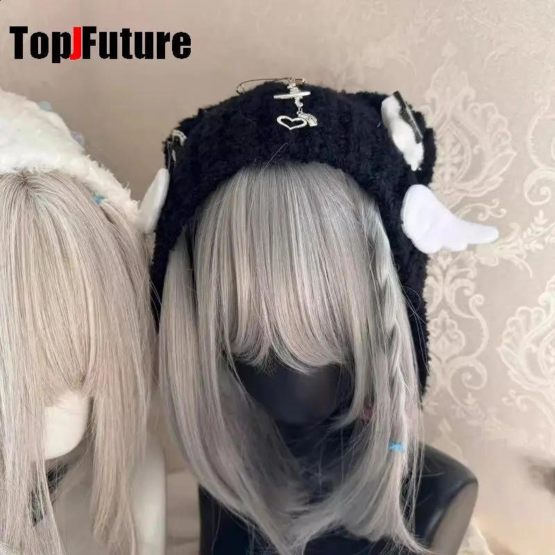 Womens Harajuku Steampunk Y2K Gothic Japanese Soft Girl Dilei Series Little Angel Wings Bear ear knitted hat wing bone 250120