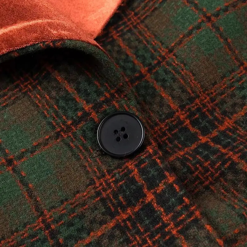 2024 autumn womens clothing style fashionable and versatile simple color blocked plaid wool long coat 250109Z