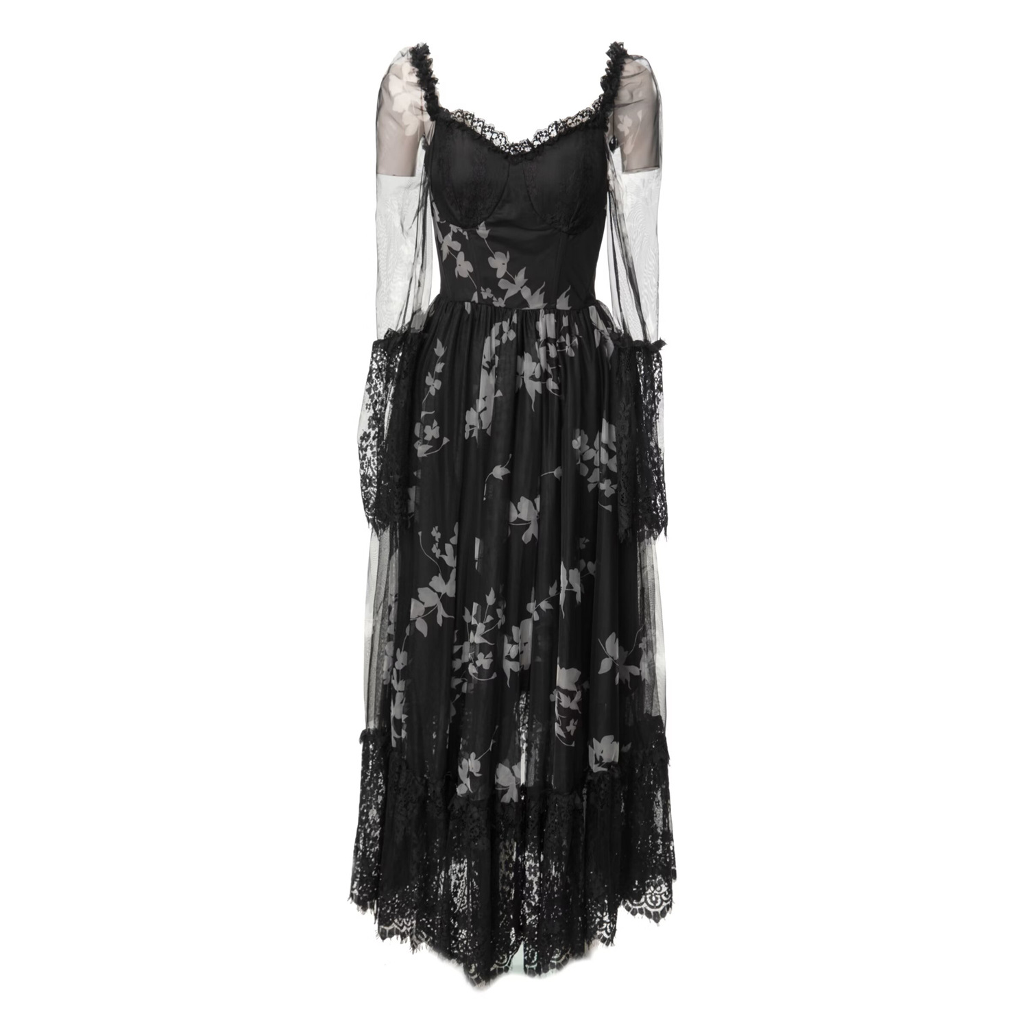 OC133M91 Spring and Summer Women's Dress Multicolored V-neck Long Sleeved Printed Patchwork Lace Long Skirt Temperament Socialite