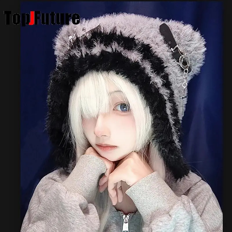 Womens Harajuku Steampunk Y2K Gothic Japanese Soft GirlBear Hat Cute Cross zipperChain decorationStar Hairline Hat 250120