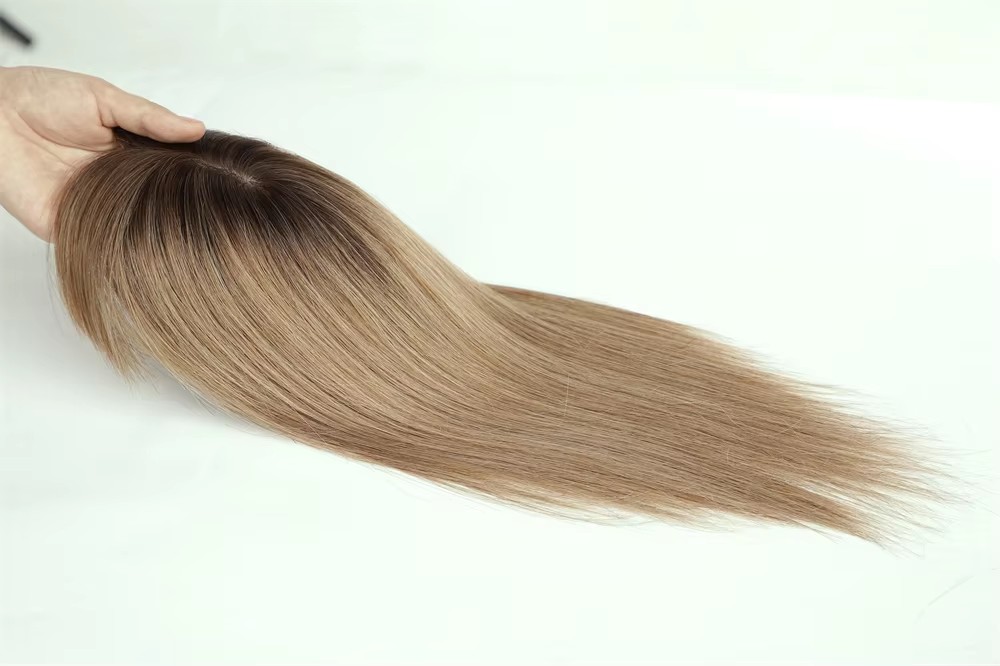 Straight Remy Human Hair Toppers Hair Pieces For Women dark roots Light Brown Women Topper with Bang Silk Base Clip In Topper For Thinning Hair 3x5&qu