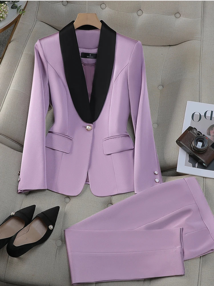 Office Ladies Pant Suit Women Yellow Red Purple Apricot Female Business Work Wear Jacket Blazer and Trouser Formal 2 Piece Set 250206