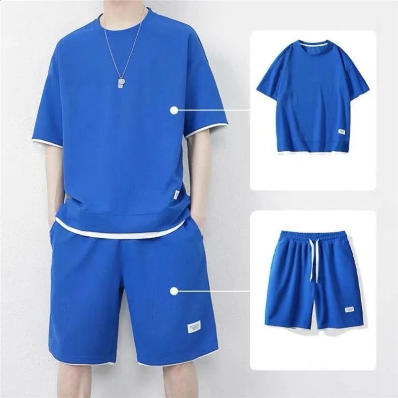 Summer Fashion Casual Ice Silk Shorts Set Men Panelled Round Neck Short Sleeved T-shirt Elastic Waist Drawstring Pocket Set 250121