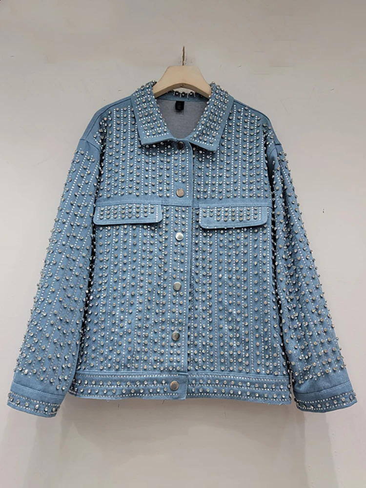 DEAT Womens Denim Coat Full Diamonds Rhinestone Single Breasted Long Sleeve Loose Blue Jackets 2025 Spring Fashion 29L2110 250116