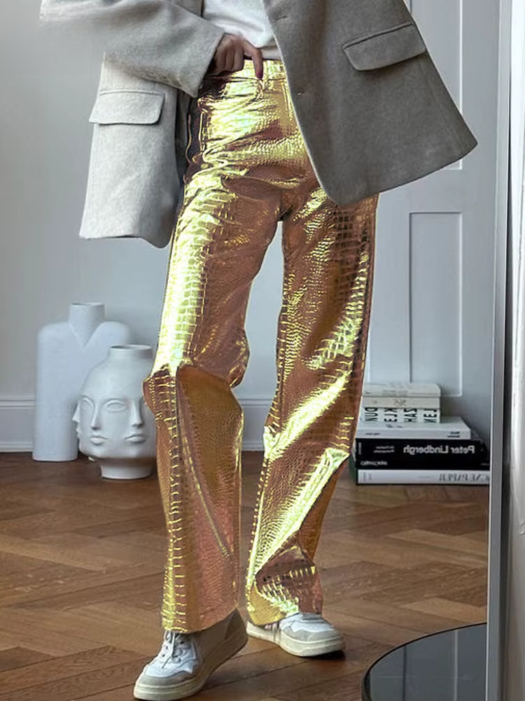 Gold Sliver Straight Wide Leg Pants For Women 2025 Fashion Streetwear High Waist Scale Leather Party Club Trousers