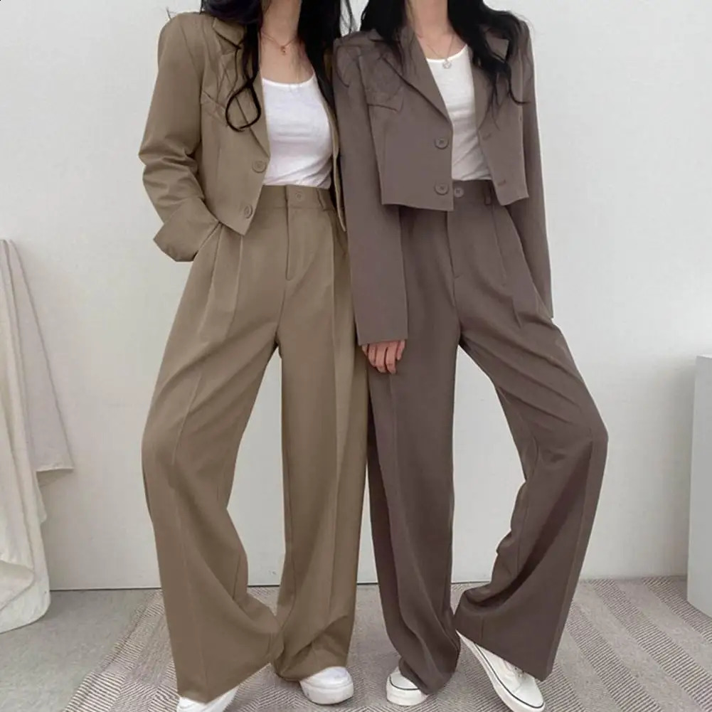 Women Cropped Blazers Pants Two-piece Set Korean Fashion Button Up Suit Jacket Wide Leg Pants Set Casual Lady Blazer Coat Set 250206