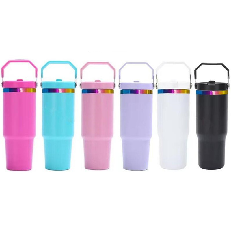 Rainbow Plated 30oz Tumbler With Handle Flip Straws Lids Double Wall Stainless Steel Vacuum Insulated Water Bottle Travel Coffee Cup Mugs For Laser Engraving