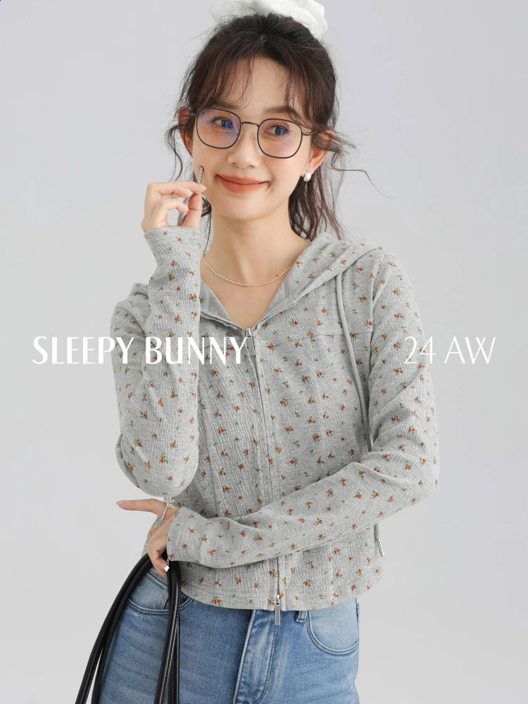 Vintage Floral Double Zipper HoodieWomen Slim Fit Casual Long Sleeve SweatshirtKorean Style Soft Cozy 2025 Autumn Fashion 250206
