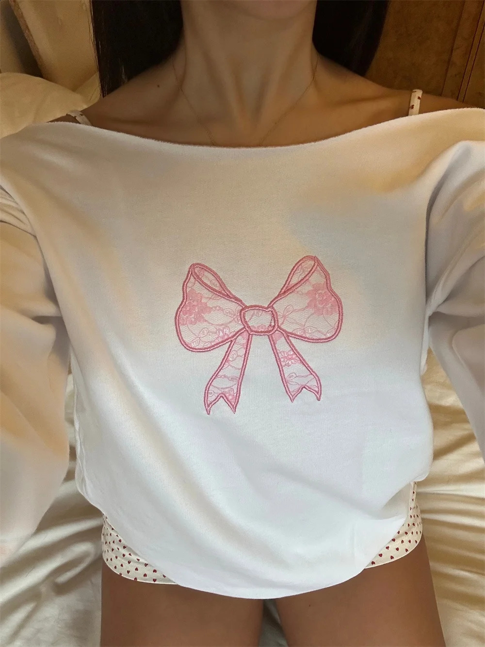 Women Coquette y2k Clothes Off Shoulder Sweatshirts Bow Print Loose Long Sleeve Pullovers Crewneck Kawaii Tops Streetwear 250121