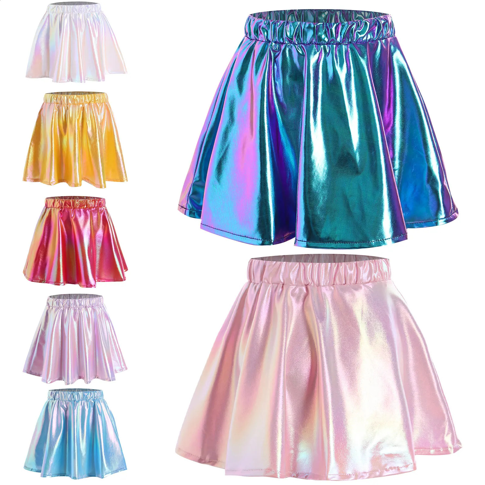 Kids Girls Metallic Shiny Skirt Elastic Waistband A-Line Miniskirt Athletic Skater Scooter Skirts for Jazz Dance Cheerleading 250206