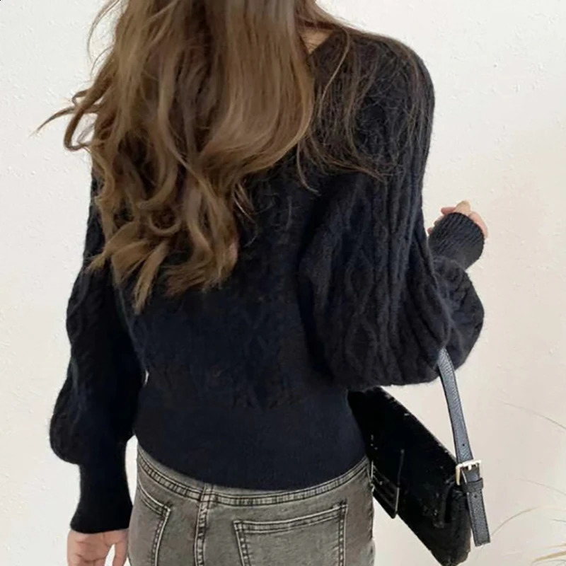 EVNISI Autumn Winter Women Square Collar Ribbed Sweater Thicken Warm Office Jumpers Women Lantern Sleeve Knit Casual Sweater 250206