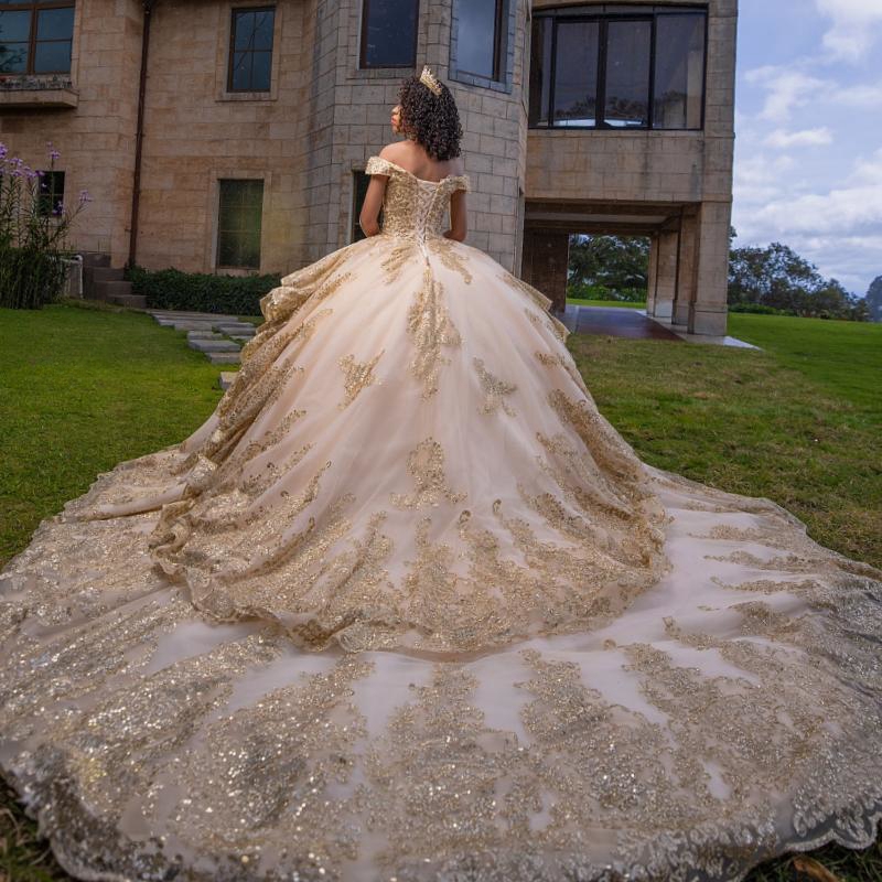 Champagne Quinceanera Dresses Ball Gown Off Shoulder Sequin Gold Appliques Lace Beading Tull Corset Birthday Party Sweet 16 Dress Vestidos 15 anos