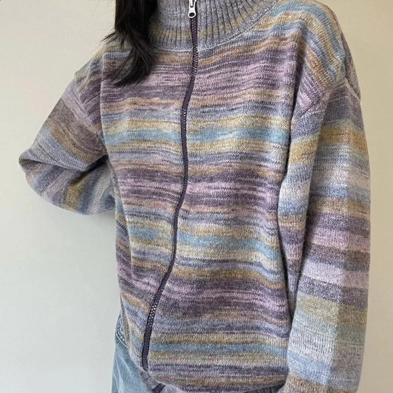 Lazy Style Rainbow Stripe Retro Zipper Cardigan Womens Sweater Jacket Autumn Winter Loose Fashion Knitted Top for Women 250118