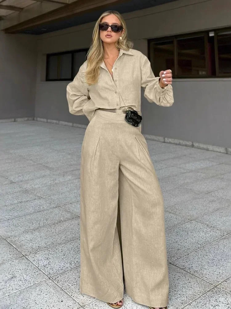 Women Casual Cotton Linen Lapel Shirt Tops Set Elegant Single Breasted High Waist Straight Pants Suits Lady 2025 Streetwear 250107