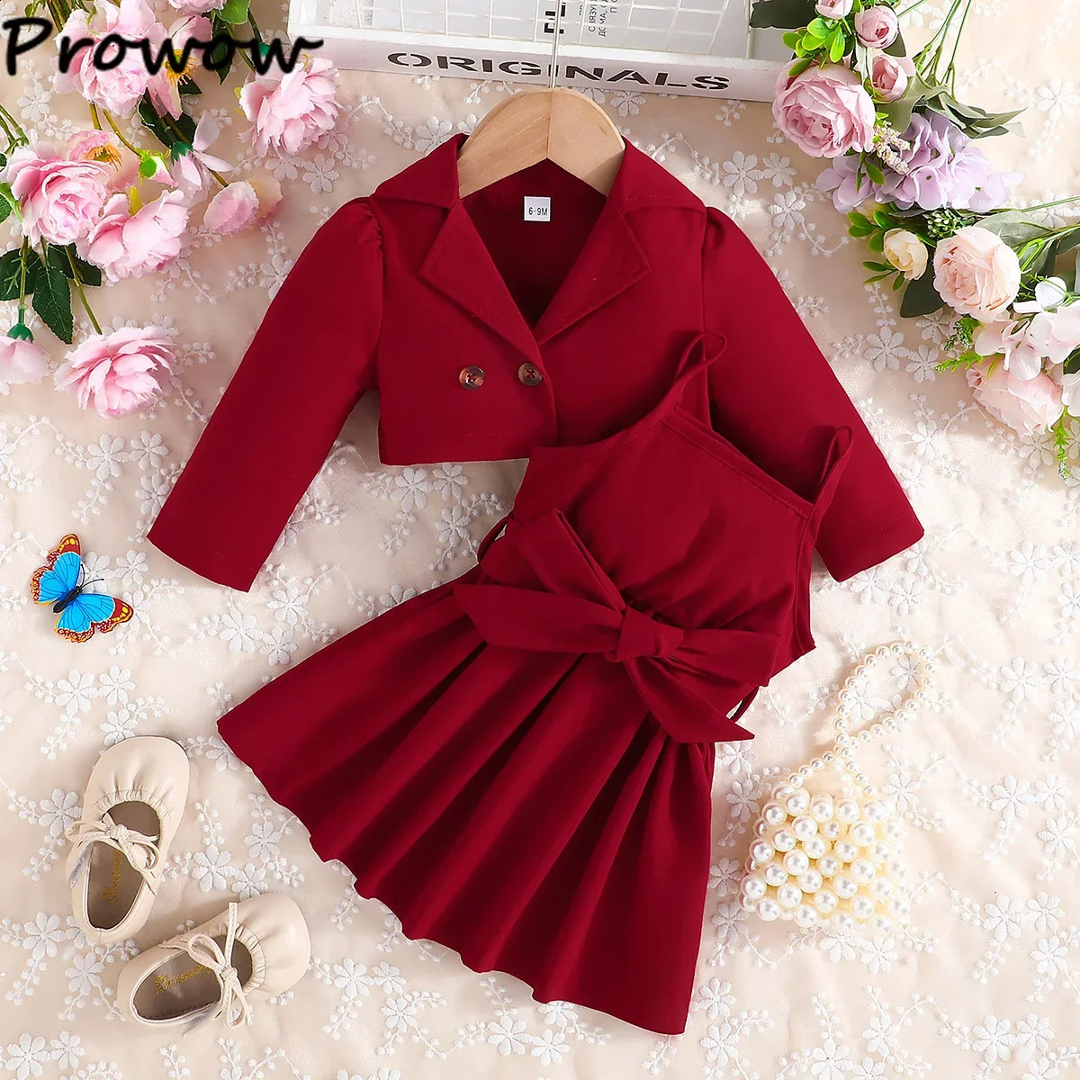 Prowow Baby Girls Clothes Fashion Lapel Blazer JacketBelted Dress For Girls Kids Dress Set 3pcs Toddler Baby Girl Outfit Sets 250206