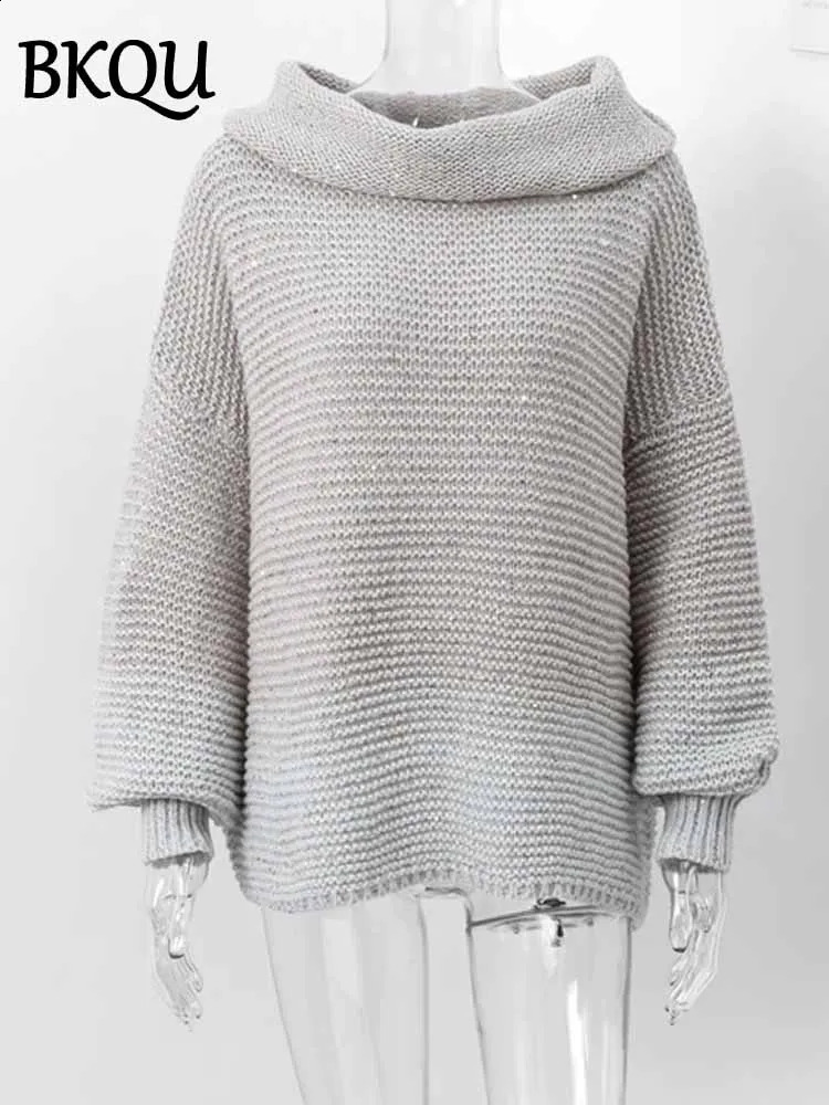 BKQU Sequin Off Shoulder Sweater Women Elegant Lantern Sleeve Loose Shiny Knit Pullover Autumn Winter Fashion Street Jumper 2025 250121