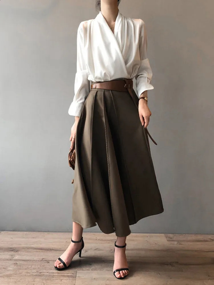 Fashion Casual Satin Sag Cross Collar Women Tops Elegant Solid Color Longsleeved Shirt Womens Clothing Sales 250121