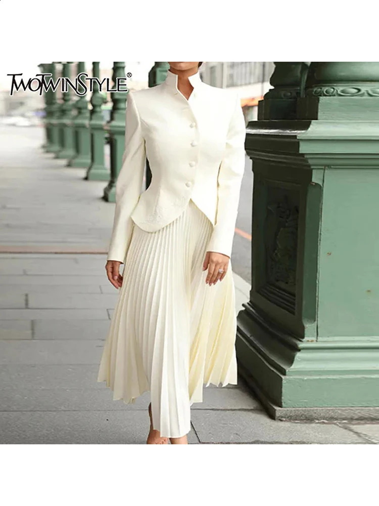 TWOTWINSTYLE Solid Two Piece Set For Women Stand Collar Long Sleeve Spliced Button Tops High Waist Skirt Chic Set Female Fashion 250116