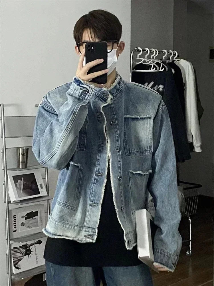 Jeans Coat for Men Wide Sleeves Stand Collar Blue Denim Jackets Man One Piece Large Size Washed Lxury Cowboy Clothing G 250206