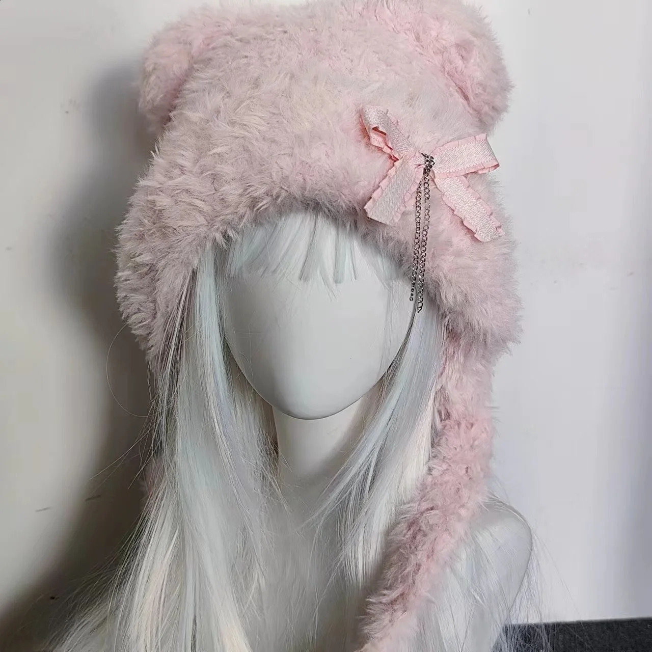 Harajuku Gothic Lolita Y2K Knitted Bear Ear Bowknot Chain Hat Women Punk er Winter Black Beanie Female Accessories Cap 250120