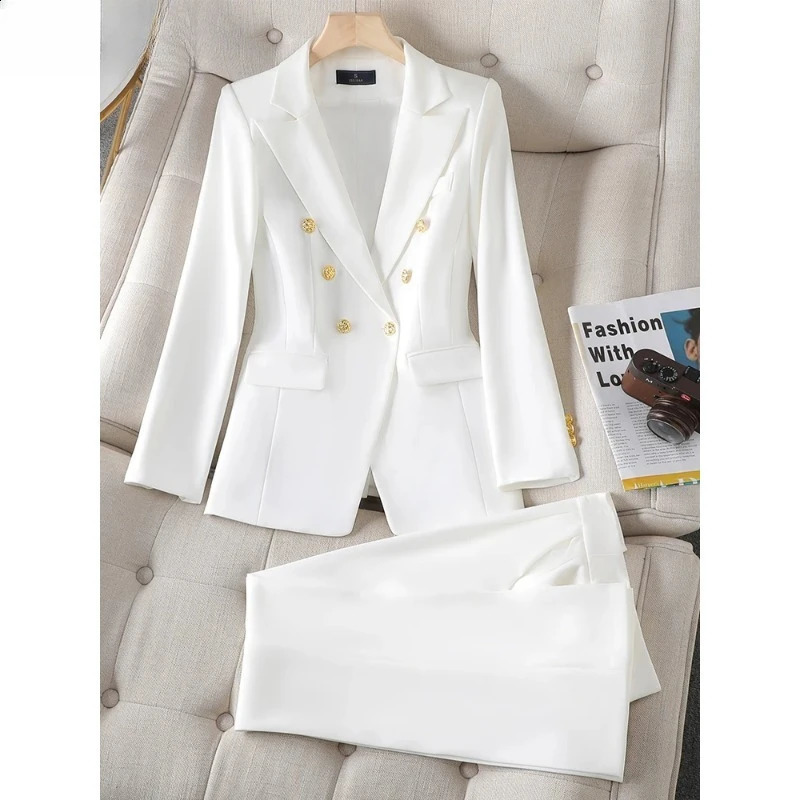 Button Decoration Formal Jacket Blazer and Trouser 2 Piece Set Fashion Pink Green Black Ladies Work Wear Pant Suit Women 250206