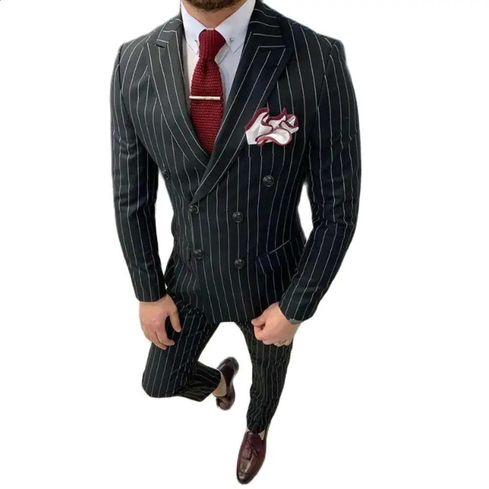 Elegant Striped Men Suits Chic Lapel Double Breasted Black Male Suit Slim Formal Groom Wedding Tuxedo 2 Piece 012D 250121