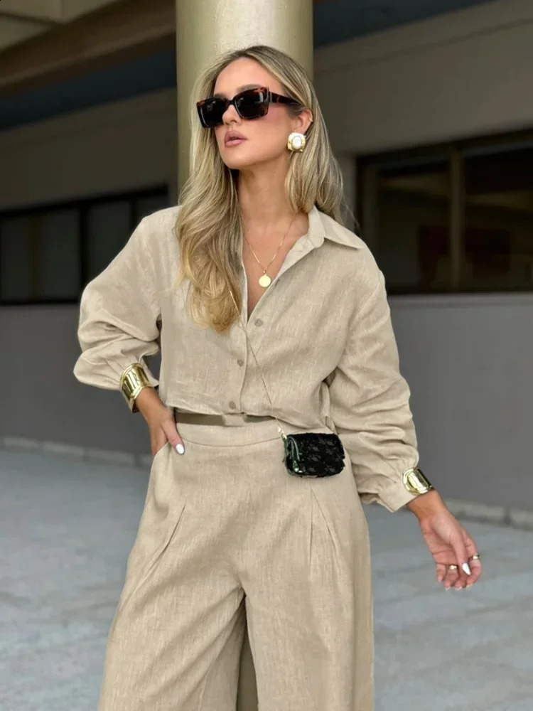 Women Casual Cotton Linen Lapel Shirt Tops Set Elegant Single Breasted High Waist Straight Pants Suits Lady 2025 Streetwear 250107