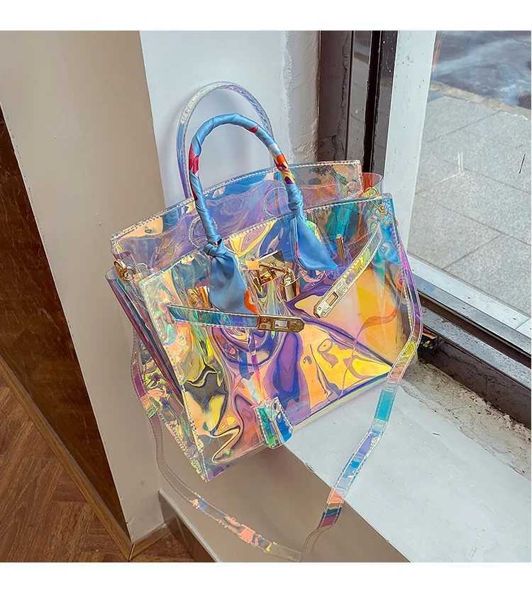 Laser Sympy Holographic Storage Cabinet Sweet Handbag Cool and Unique Colorful Shoe Bag Vntines Day Gift Gold Metal Parts Y250205