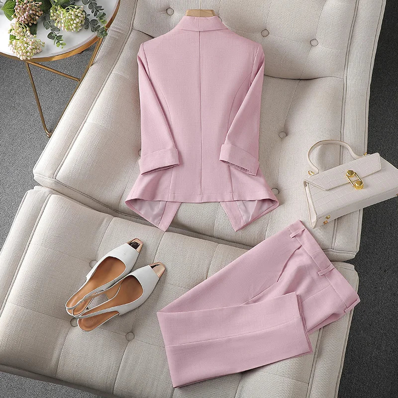 Spring Summer Flanged Casual Jacket Blazer Slim Pencil Pants Elegant Womens Pants Suit Office Manager Outfits Two Piece 250206
