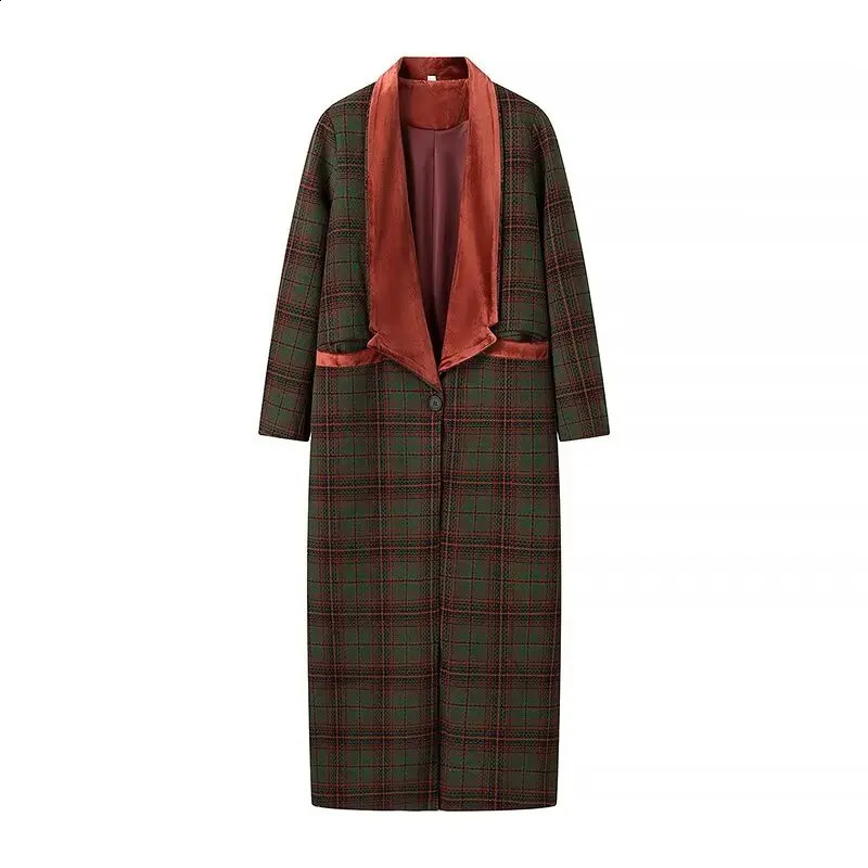 2024 autumn womens clothing style fashionable and versatile simple color blocked plaid wool long coat 250109Z