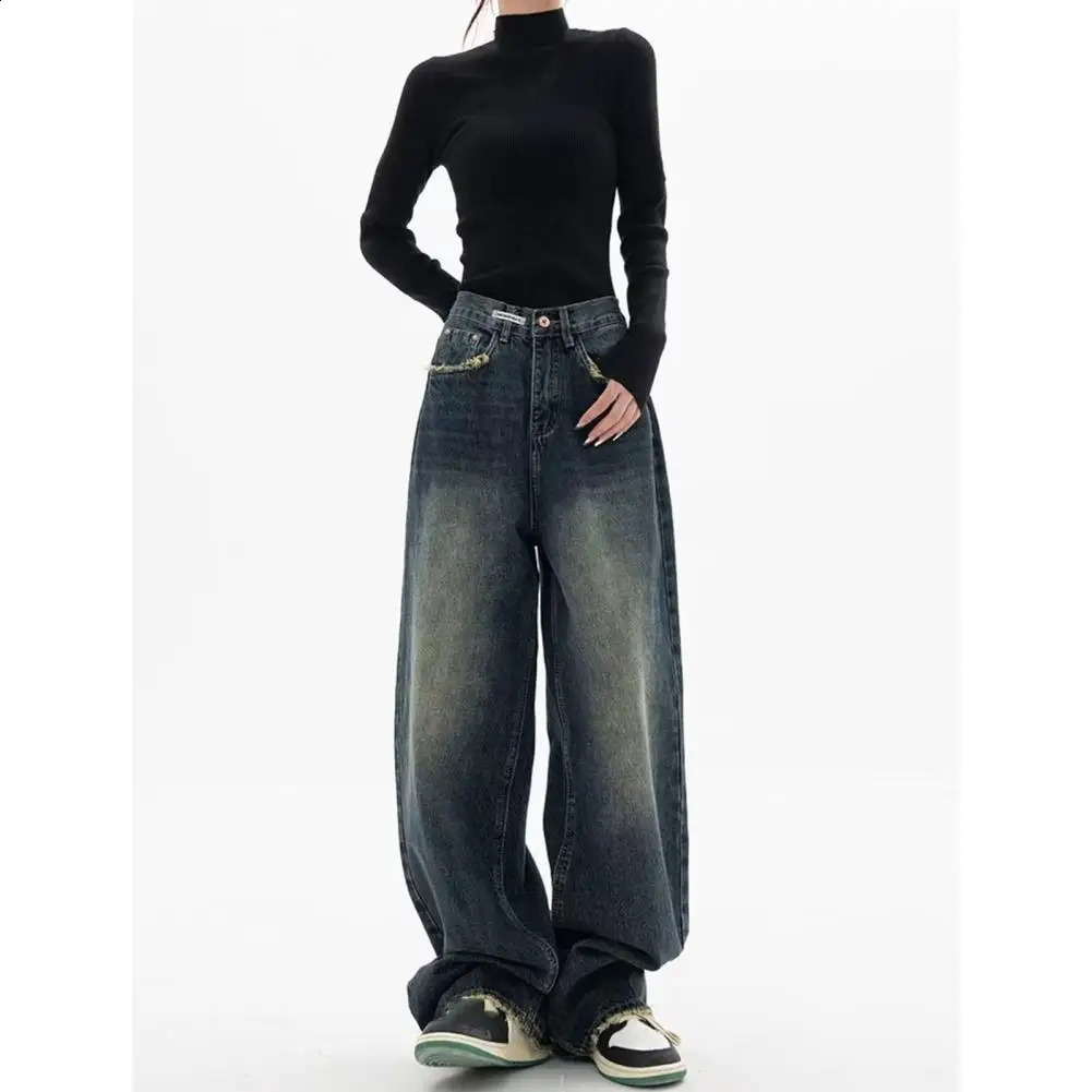 Loose Leg n Trousers Vintage High Waist Wide Denim Jeans with Deep Crotch Pockets Streetwear Fashion Button 250121