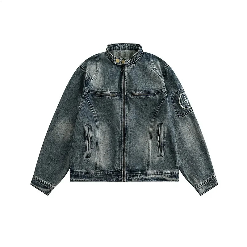 Vintage Embroidery Washed Denim Jacket For Men Loose Hip Hop High Street Retro Jean Jackets Cargo Coat Man Clothing Streetwear 250206