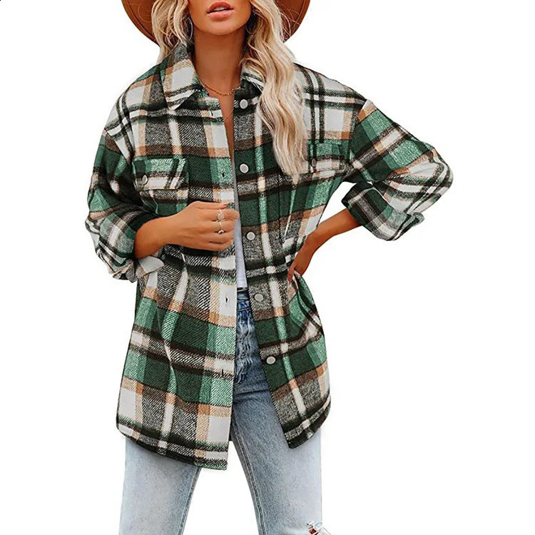 Womens Long Sleeved Lapel Loose Plaid Thick Woolen Coat 250109Z