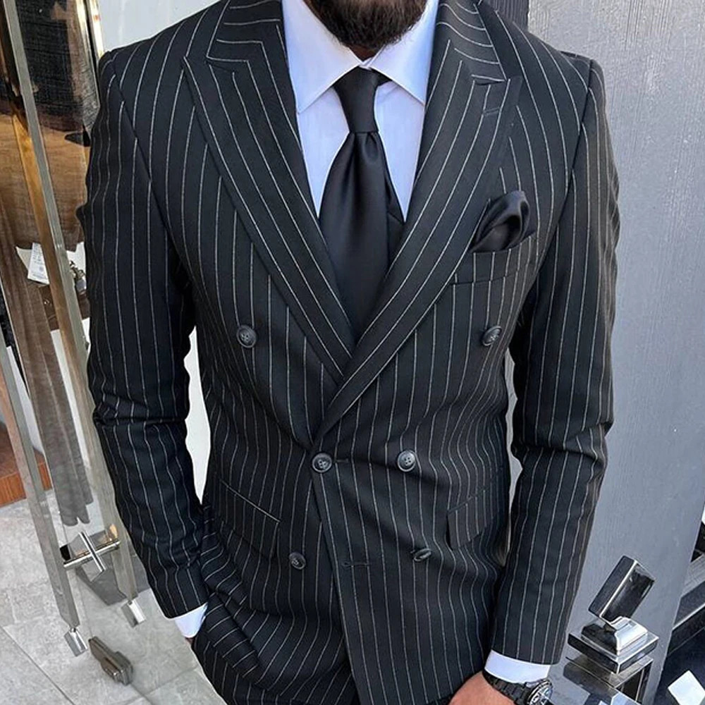 High Quality Black Stripe Mens Suits Lapel Double Breasted Male Clothing Prom Party Elegant Wedding 2 Piece Jacket Pants 250121