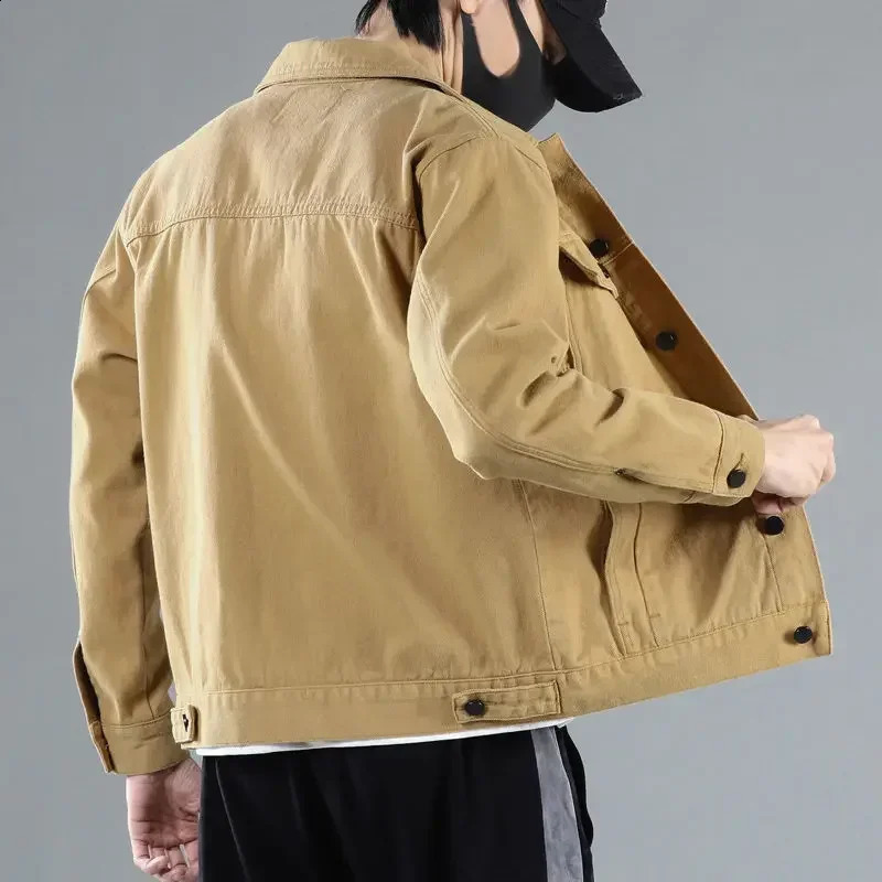 Khaki Jeans Coat for Men Japanese Autumn Denim Jackets Man Price Stylish One Piece G Washed Low Cost in Lowest Menswear 250206