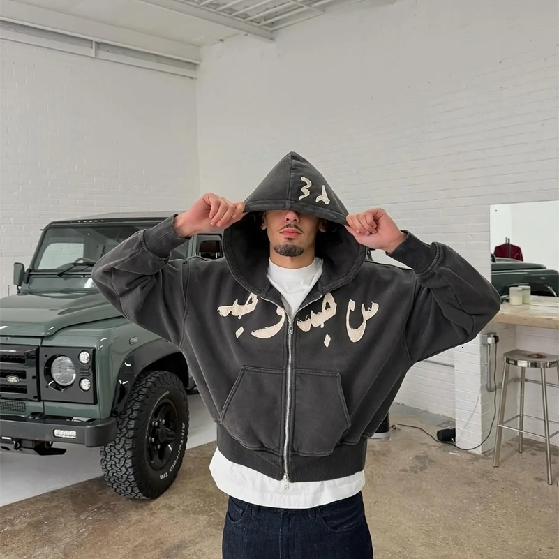 American Retro Personalized Patch Embroidery Oversize Double Zipper Hoodie Mens Y2K Harajuku Hip Hop Goth Casual Joker Top 250102