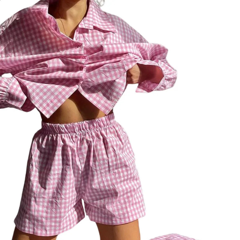 Women 2 Pieces Suit Set Female Striped Plaid Turn-Down Collar Long Sleeve Shirt Short Pants for Spring Autumn 250121