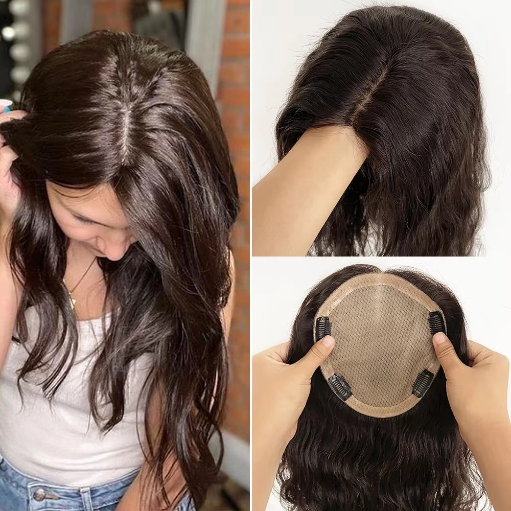 Natural wavy Human Hair 15x16CM Silk Base Topper for Women Natural Scalp Top European Hair Topper Free Part 4 Clips in Hair Piece brown black