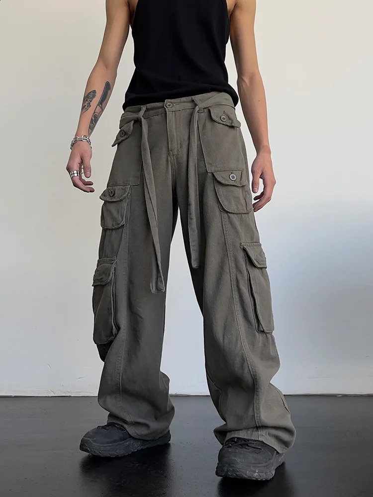 High street retro casual large pocket overalls mens and womens summer high waist loose straight tube draped wide leg pants 250206