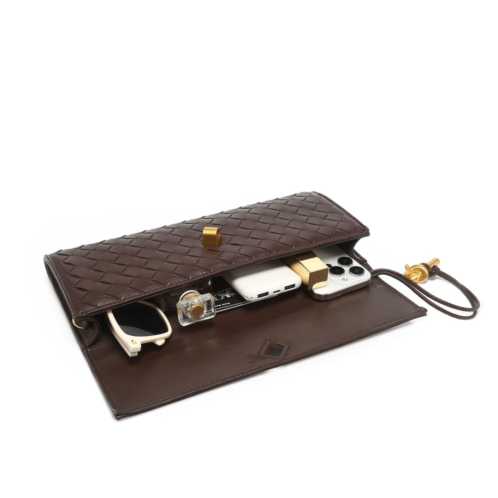 PU Evening Woven Clutch: Handcrafted, Metal Clasp Front Flap Lock ,Chic Grid with Golden Hardware - Elegant Small Square Shoulder & Crossbody Women Le