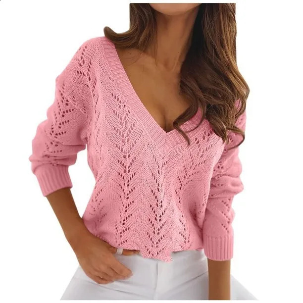 Europe and the United States cross-border autumn solid color mocha cutout V-neck casual knitwear sweater 250206