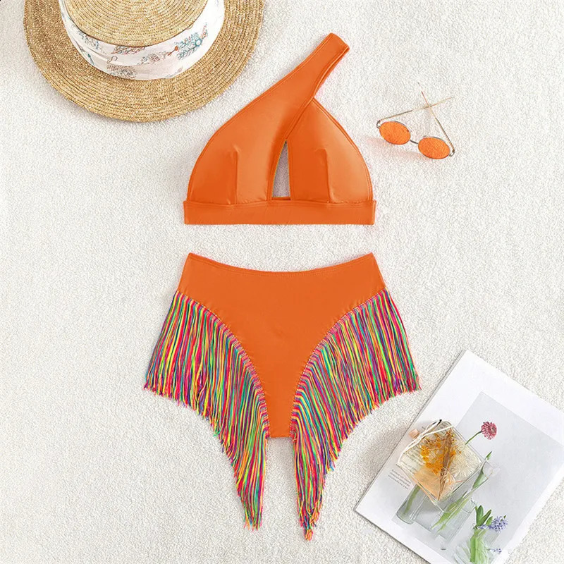 Sexy Fringe Tassel High Wasit Bikini Set One Shoulder Swimwear Hollow Out Swimsuits Woman 2024 Bathing Suit Bikinis Muejr Summer 250121