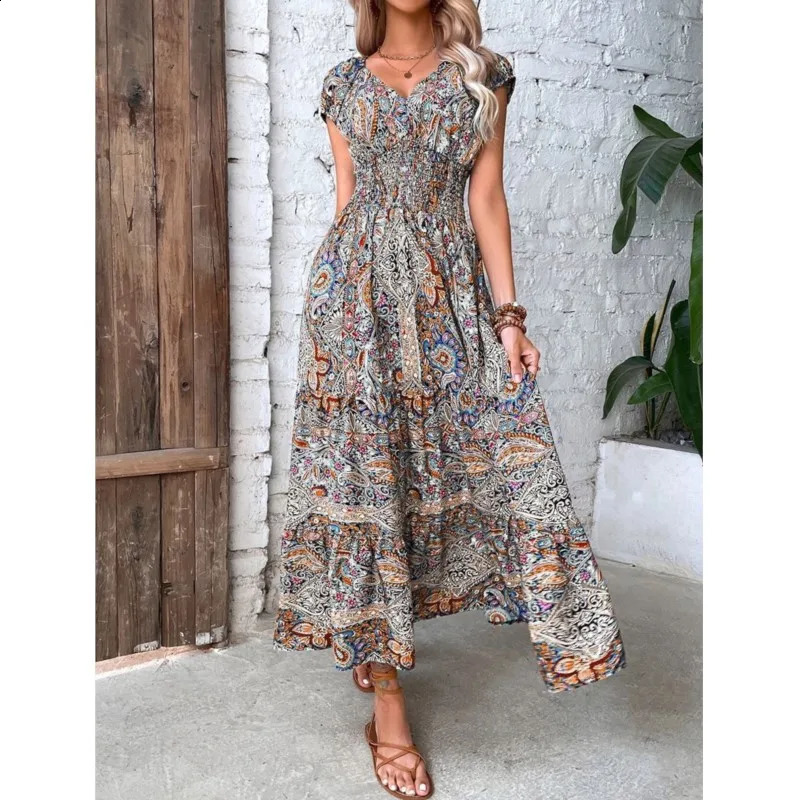 Summer Womens Short Sleeved Dress Long Vneck Cinched Waist Style French Temperament Bohemian Vacation Printed 250121