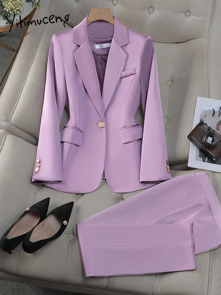 Yitimuceng Women Single Button Office Pants Suits Monochromatic Slim Fit Flip Collar Fashion 2 Piece Set 250206