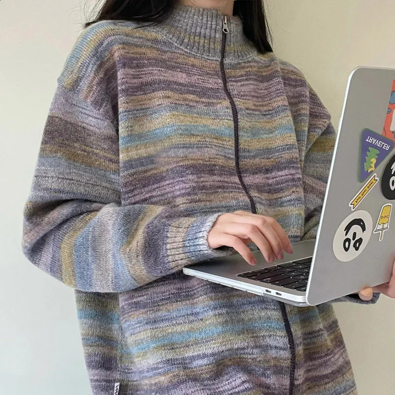 Lazy Style Rainbow Stripe Retro Zipper Cardigan Womens Sweater Jacket Autumn Winter Loose Fashion Knitted Top for Women 250118