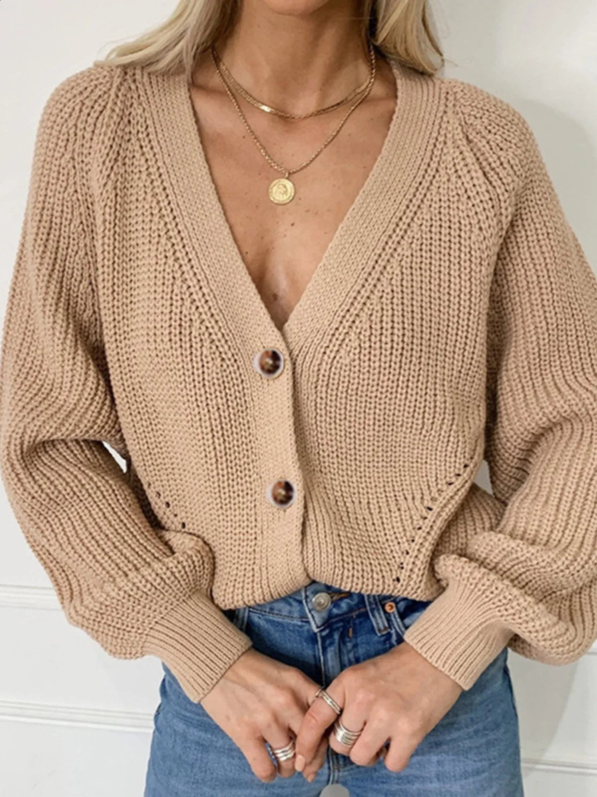 Grey Cardigan Sweater Women Cozy Soft Knit Button Up V-Neck Jumper Basic Knitwear Autumn Winter Outfit 250206